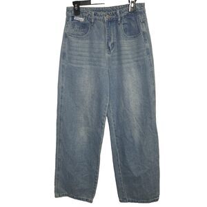 DAZY Wide Leg Jeans High Rise Light Wash Whiskered Denim Womens Size L Blue